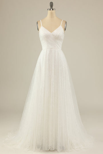 Una línea de espagueti correas blanco vestido de fiesta de tul